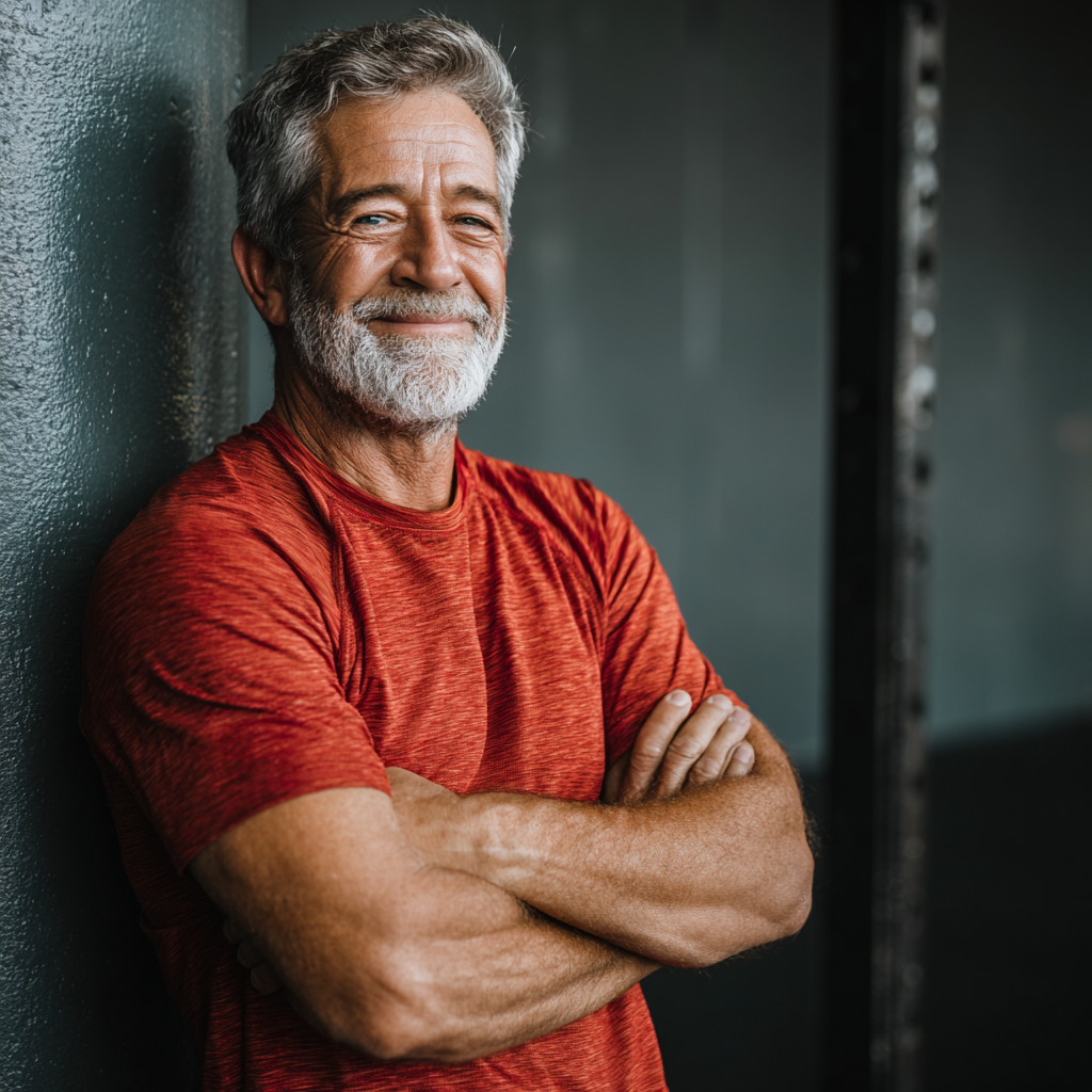 Confident older adult man smiling after completing a workout session