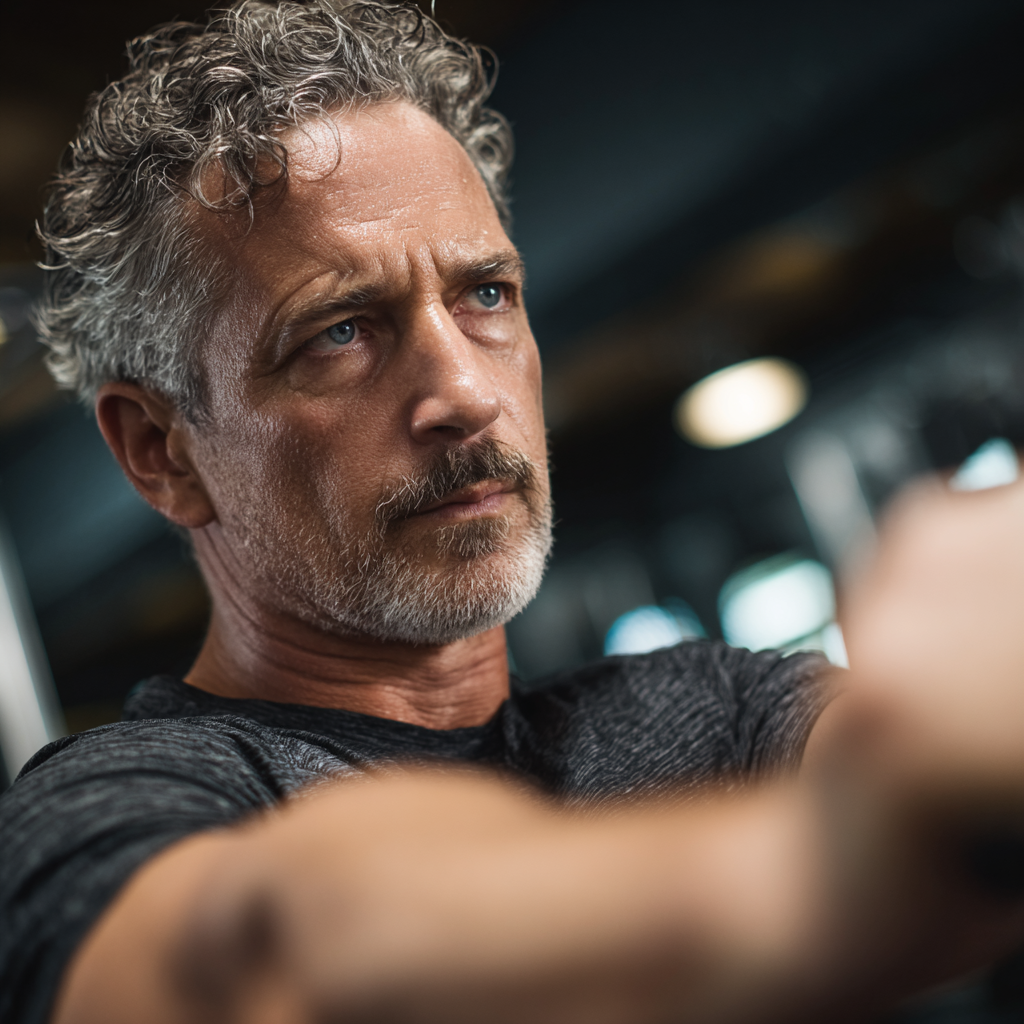 Middle-aged man exercising with determination and focus in a gym environment